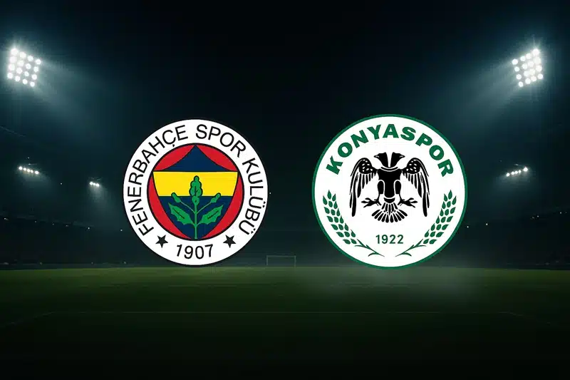 Fenerbahçe Konyaspor maç görseli, gece stadyumu, iki takım logosu